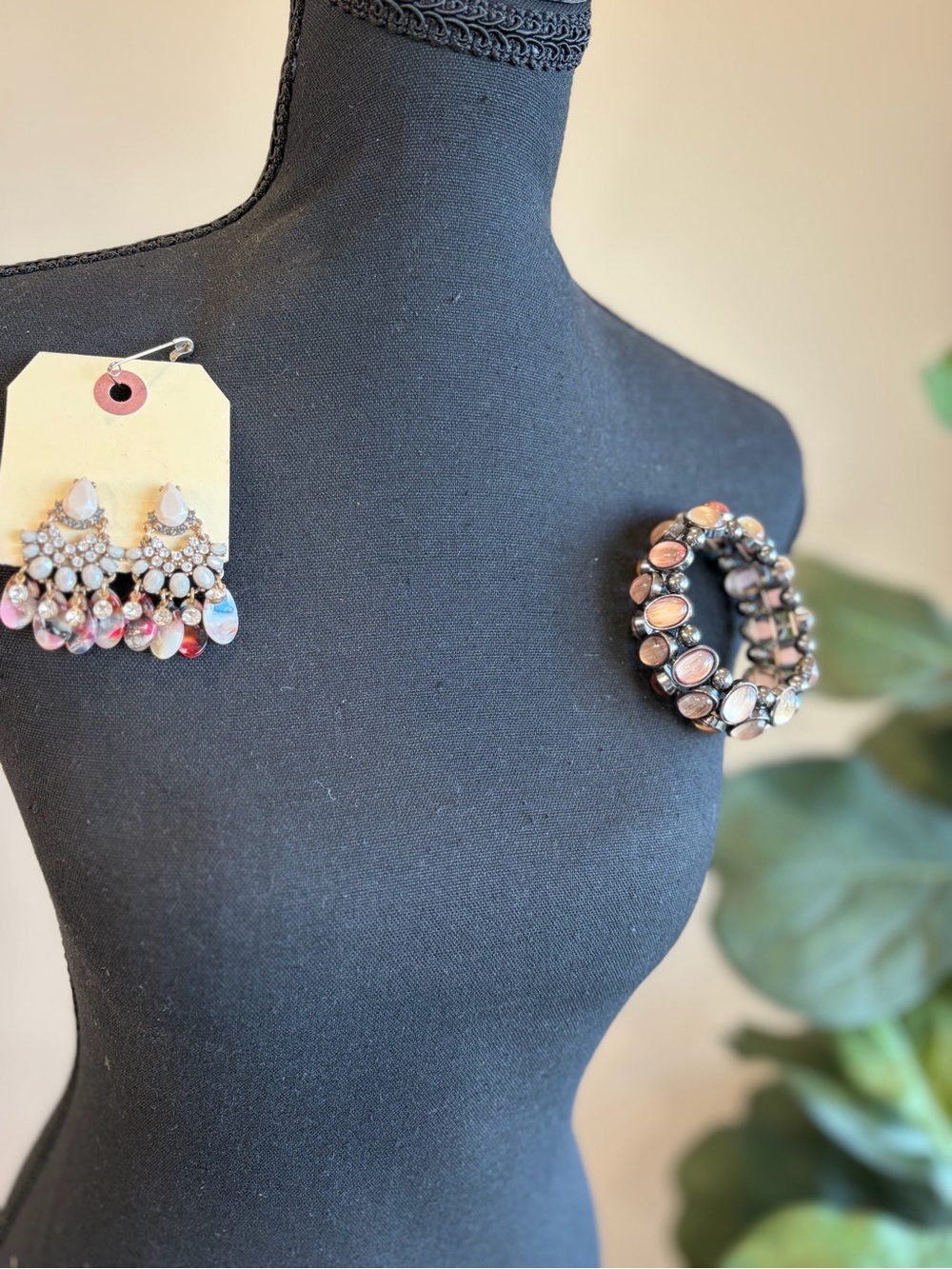 Pink and Clear Teardrop Chandelier Earrings and stretch bracelet
